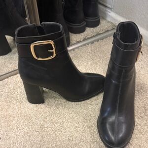 Elegant Black Ankle Boots with Gold Buckle